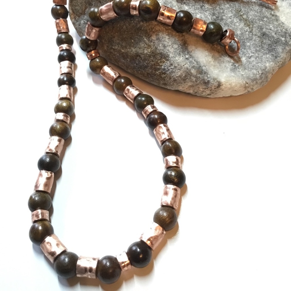Rustic, tribal necklace, rosewood beads, copper